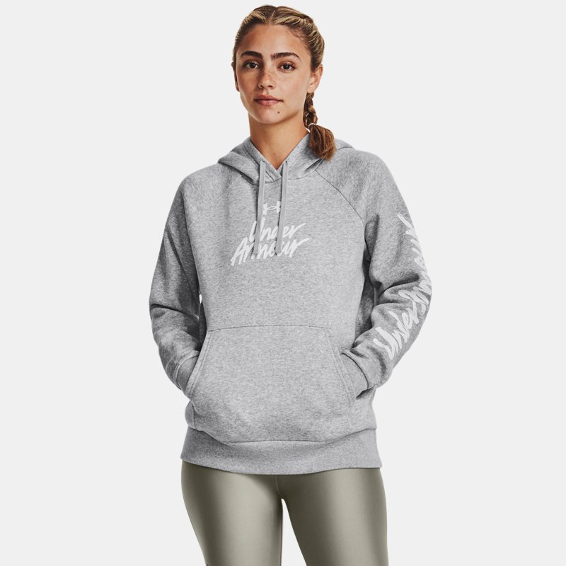 Women's  Under Armour  Rival Fleece Graphic Hoodie Mod Gray Light Heather / White L